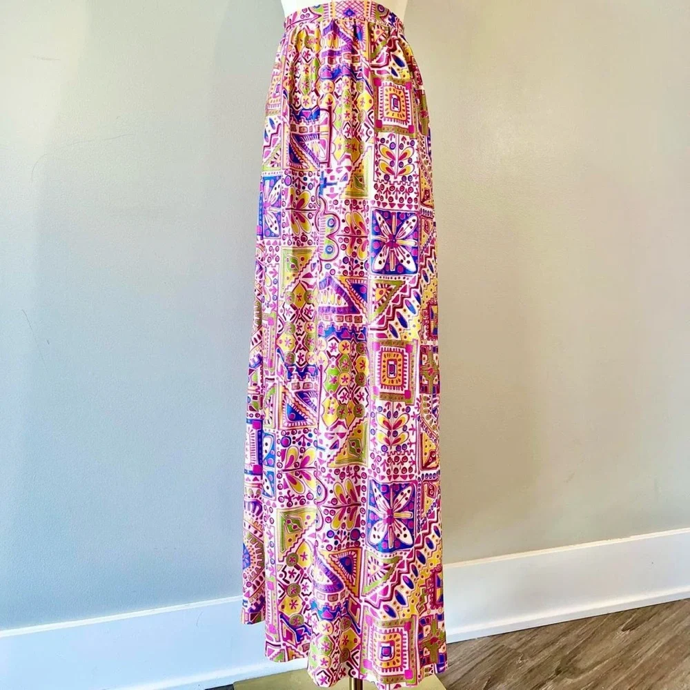 Vintage 1970s Novelty Print Skirt Flowers Tiki Tropical Colorful 70s Retro - Picture 2 of 8